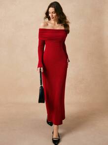 Poéselle 女士秋季优雅纯色露肩长裙