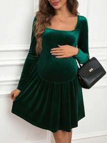 SHEIN Pregnant Women Square Neck Long Sleeve Solid Color Simple Casual Daily Dress - Dark Green - View 4