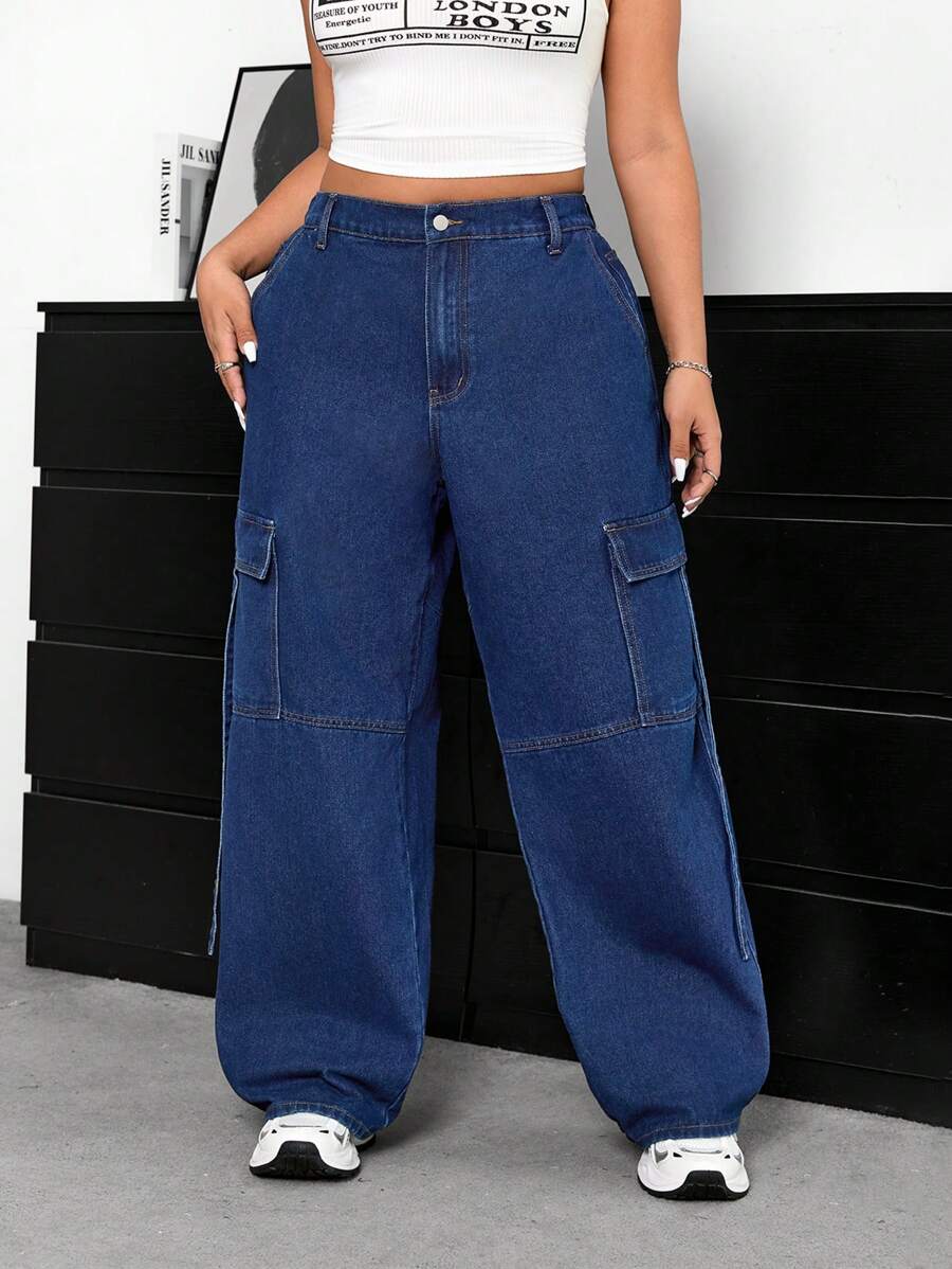 Solflare Plus Size Casual Washed Wide Leg Cargo Jeans - Dark Wash - View 1