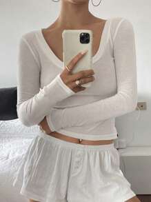 DAZY 宽松 V 领基本款女式 T 恤，简约时尚休闲日常穿着，春夏长袖女式上衣 - 白色 - 查看 8