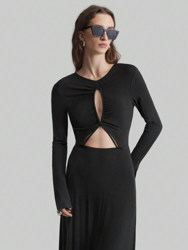 Elegant Modern Style, Black Hollow Out Design Women's Mini Dress, Fitted Silhouette, Suitable For Spring And Parties/Events Like Valentine's Day