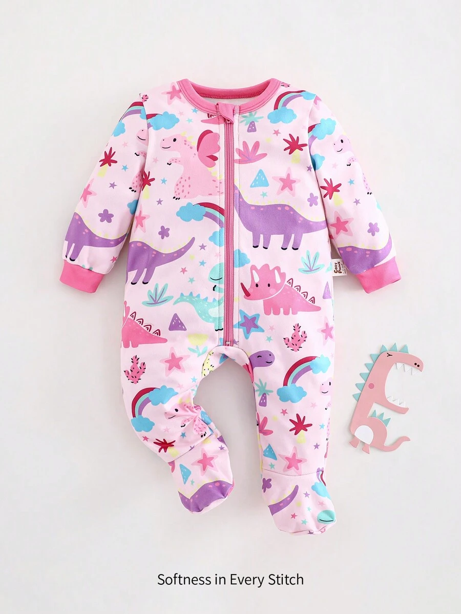 Cozy Pixies Newborn Baby Girls Cartoon Animal Dinosaur & Rainbow Elephant Print Soft Knitted Purple Romper With Round Neck Long Sleeves And Footed Pants, Casual Loungewear & Sleepwear - Multicolor - View 1