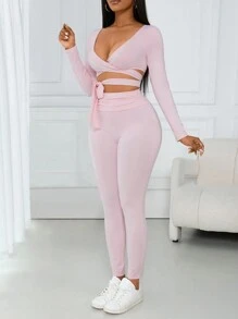 VaVaBold 2pcs Suit Set: Comfortable Casual V-Neck Cross Straps Bowknot Long Sleeve Top & Ruched Waist Leggings, Pink