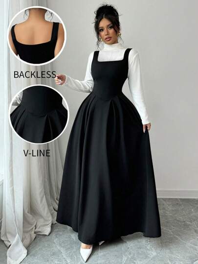 Selianne Square Neck A-Line Waist Gather Women Dress, Autumn/Winter, European & American Style