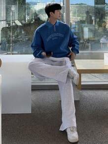 DAZY Men's Autumn Letter Embroidery Pullover Sweatshirt - Blue - View 2