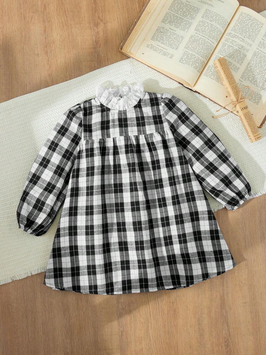 Blossori Young Girls Elegant French Style Plaid Patchwork Ruffle Trim Loose Long Sleeve Dress, Autumn/Winter - Black and White - View 1