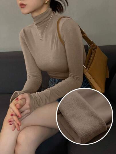 DAZY Tight Fitting Base Layer Fleece Turtleneck T-Shirt For Women Long Sleeve Women Tops