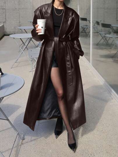 DAZY Women Long Solid Color Leather Jacket Regular Fit Coat,Fall Women Clothes