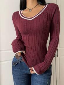 SHEIN EZwear Maglione casual da donna con scollo a V e bordi a contrasto, adatto per l`autunno/inverno