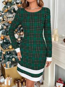 Ellevyn 女式圣诞格子拼布下摆优雅修身圆领连衣裙 - 綠色 - 查看 3
