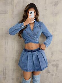 SHEIN SXY Chaqueta de jean sexy con cordones y solapa - Azul - Ver 1