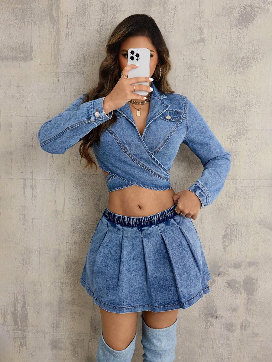 SHEIN SXY Chaqueta de jean sexy con cordones y solapa - Azul - Ver 1