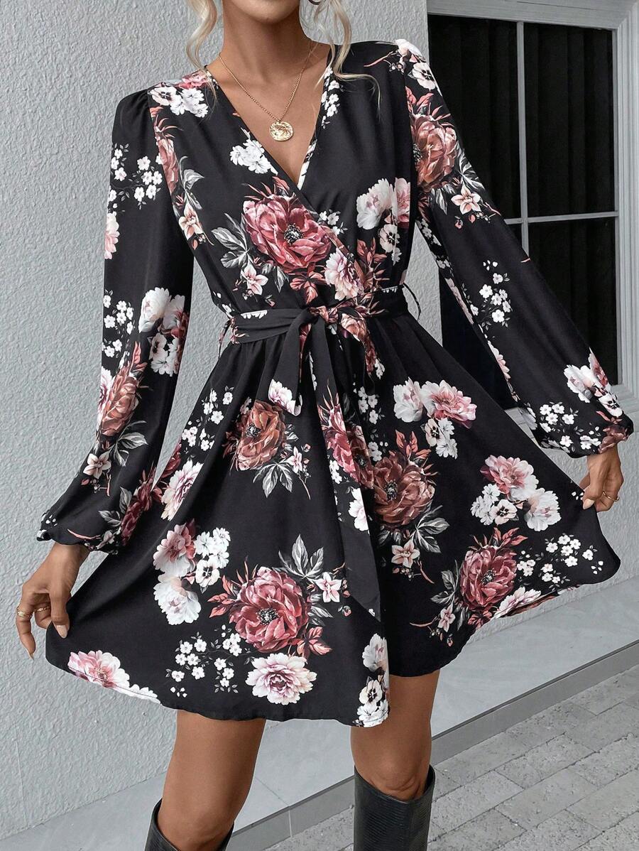 Breezaya Floral Print Lantern Sleeve Belted Dress