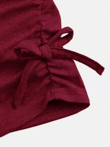 SHEIN Leap Crew 2 件套女婴休闲荷叶边纯色圆领长袖修身针织上衣和喇叭裤套装，适合居家和外出，“Babygirl”印花 - 酒紅色 - 查看 4