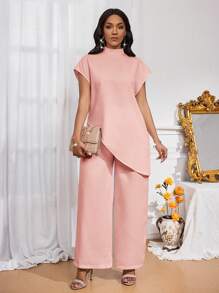 SHEIN Lady 四季两件套女装套装秋季两件套休闲优雅女装白色编织立领优雅分层女士秋季套装新款女士两件套女士休闲两件套 - 藕粉色 - 查看 3