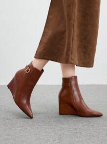 CUCCOO BIZCHIC Women's Solid Color Pointed Toe Buckle Wedge Ankle Boots, Suitable For Autumn And Winter New Year Holiday Valentines - Brown - View 5