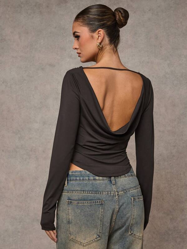 SHEIN BAE Tricou casual de damă, cu mânecă lungă, cu gât cu barcă, toamnă