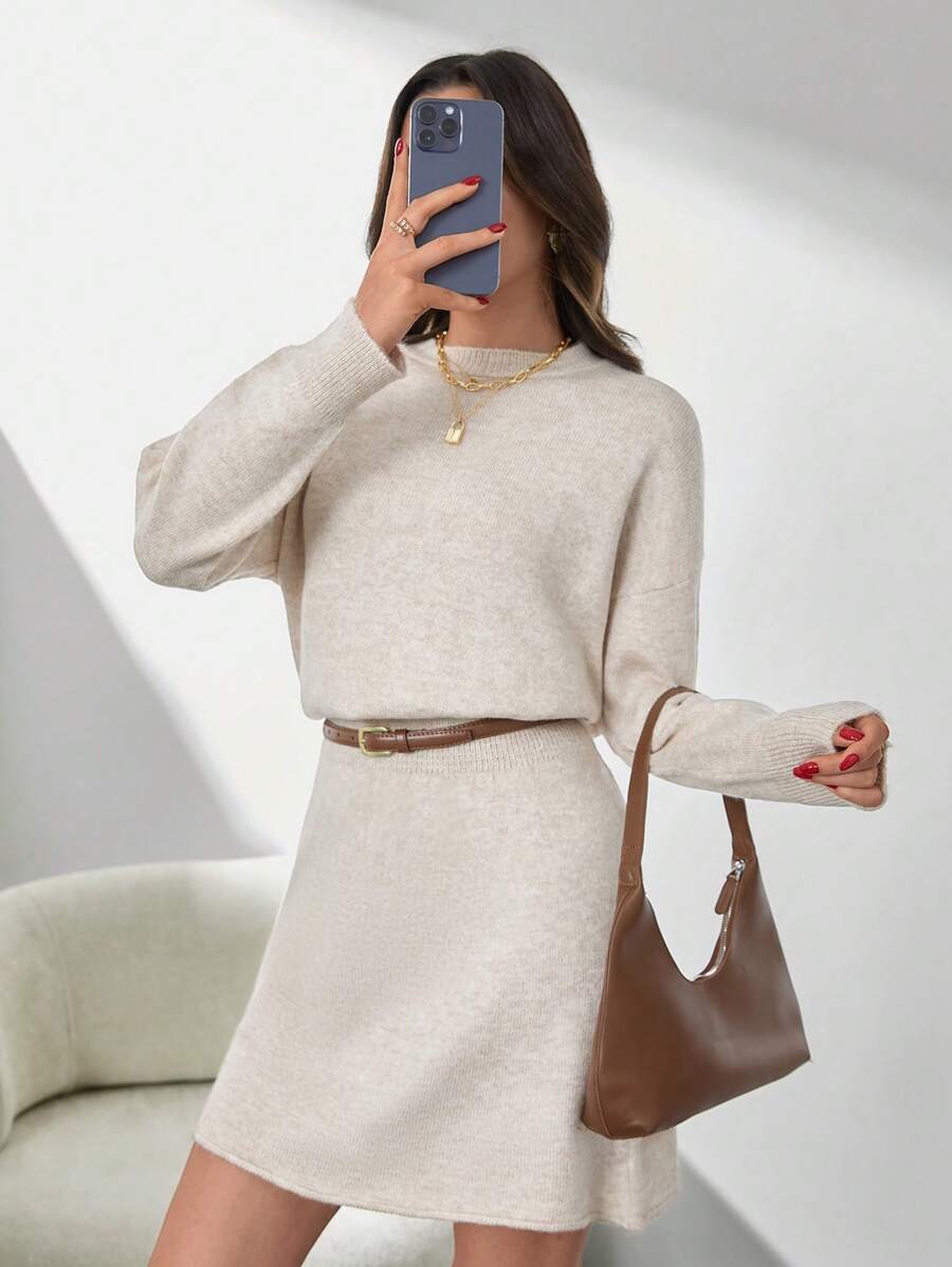 SHEIN Tall Women Oversize Hairy Yarn Sweater And A-Shape Mini Skirt Set - Beige - View 1