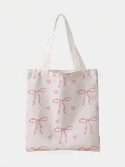 Kawaii حقيبة كانفاس مطبوعة على الوجهين بتصميم الفيونكة والقلب، أسلوب فني كحقيبة مدرسية وحقيبة الكتب للنساء أو الطلبة، مناسبة تماما للكتب والتسوق والعودة إلى المدرسة والمزيد