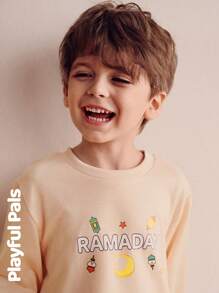 SHEIN 1 pieza Sudadera con estampado de linterna lunar gráfica tradicional para niño pequeño, linda/vintage/juguetona, básica casual para cualquier ocasión, primavera/verano, cálida sudadera árabe - Albaricoque - Ver 4