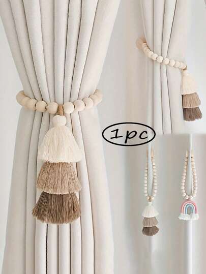 SHEIN 1 pezzo Fermatende boho - fibbia magnetica per tende con perline in legno e nappine tricolore, fascia portacurtain senza foratura e fermatenda per ufficio, camera da letto, soggiorno, decorazione della casa, stile fattoria, estetica, fatto a mano, vintage, rustico, costiero, minimalista