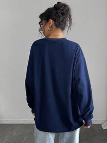 INAWLY Women's Long Sleeve Pocket Letter Embroidery Casual Sweatshirt Pullover Fall - Navy Blue - View 2