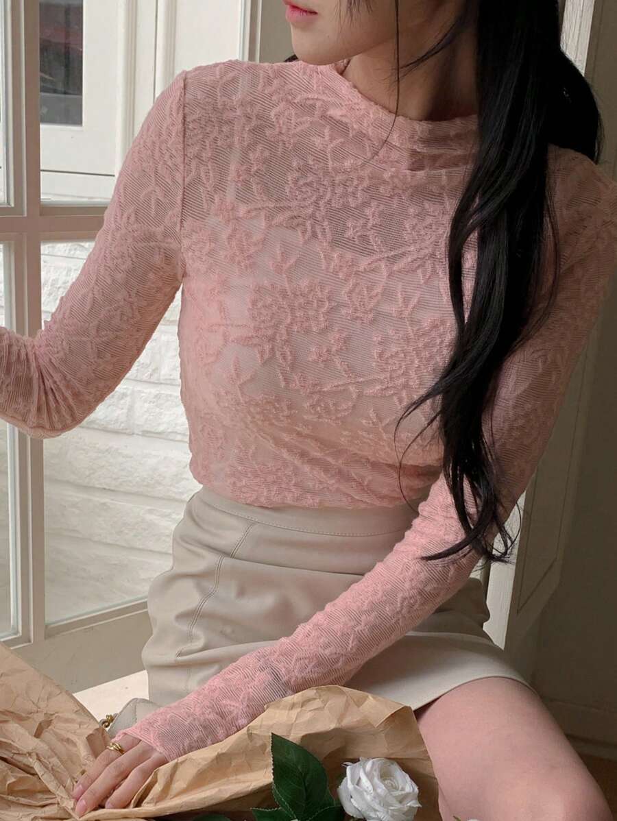 DAZY 女式透明蕾丝高领紧身长袖衬衫,秋季服装 - 粉色 - 查看 1