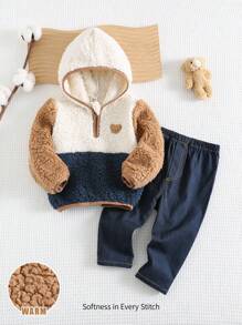 Cozy Pixies 2 件装男婴熊印花撞色保暖内衬圆领长袖运动衫和休闲长裤冬季服装套装