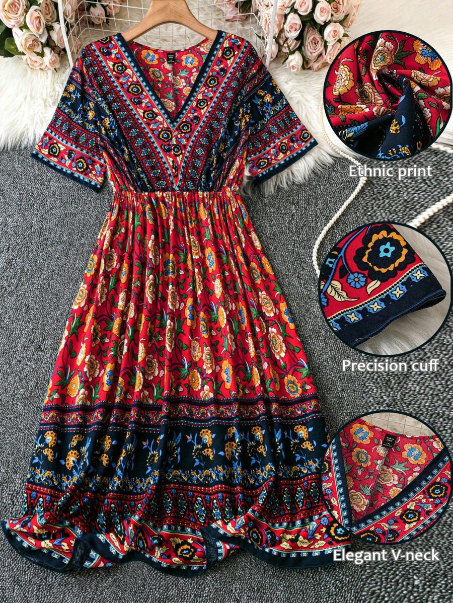 SHEIN LUNE 大码女式花卉印花 V 领短袖连衣裙，夏季 - 彩色 - 查看 1