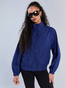 Athîral Women's Casual Solid Color Stand Collar Jacket - Blue - View 3