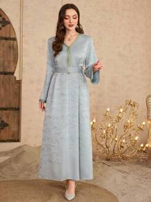 Al Najma Áo dài Thổ Nhĩ Kỳ sọc hoa cổ chữ V bằng sợi axetat Jacquard thắt eo cho nữ - Màu xanh bụi bặm - Xem 5