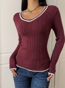 SHEIN EZwear Maglione casual da donna con scollo a V e bordi a contrasto, adatto per l`autunno/inverno