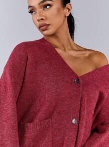 Athîral 女士纯色 V 领带口袋前扣长袖开衫 - 紅色 - 查看 5