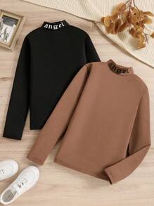 SHEIN 2pcs/Set Tween Boy Gothic Print Turtleneck T-Shirt - Camel - View 1