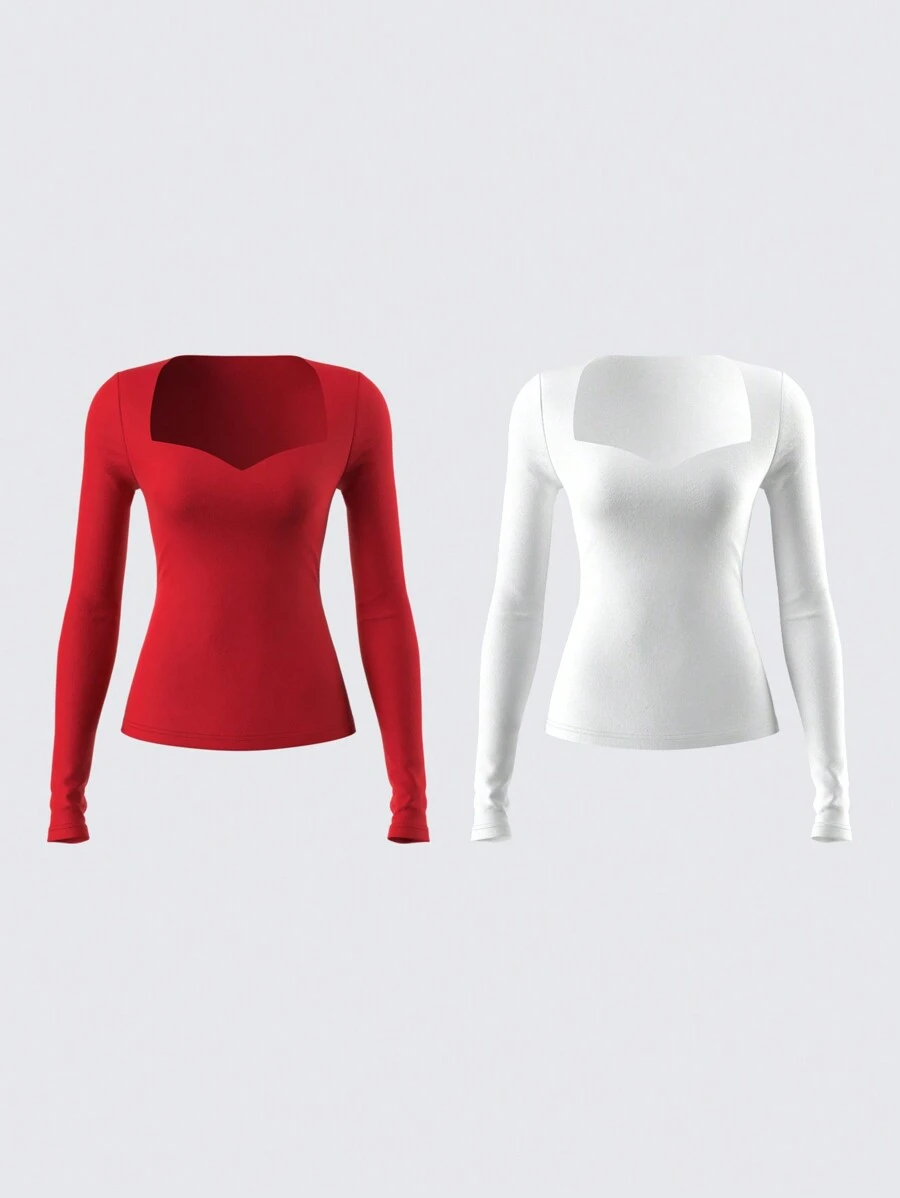 SHEIN BASICS 2pcs Set Casual Solid Color Knitted Long Sleeve Slim Fit Women Tops - Multicolor - View 1