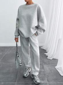 EURMUSE Bộ đồ oversize màu xám nhạt pha trộn dành cho nữ, thường ngày, mặc hàng ngày - Xám - Xem 6