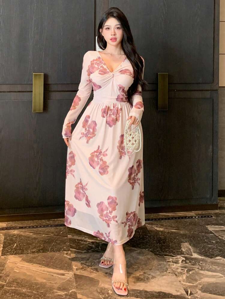 Women's V-Neck Floral Print Puff Sleeve Twist Hem Midi Dress,Fall Dress Long Sleeve Dress Vacation Outfits Women Easter Boho