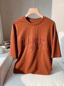 Comfortcana 女士夏季棕色字母浮雕落肩图案超大 T 恤 - 棕色 - 查看 3
