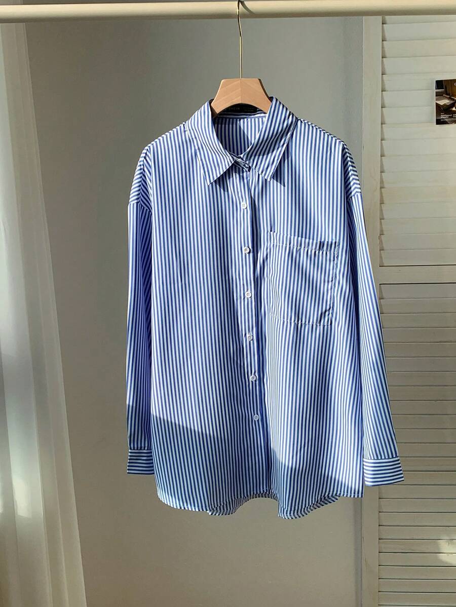 Comfortcana Long Sleeve Button-Up Striped Casual Shirt - Blue - View 1