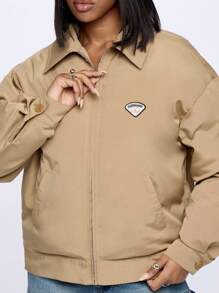 SUMWON WOMEN Limited Edition Workwear Bomber International Streetwear High Quality Classic Collared Outerwear Fashion Designer Autumn Winter Versatile Jacket - Khaki - View 4