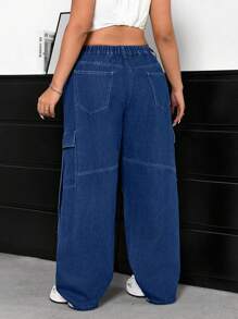 Solflare Plus Size Casual Washed Wide Leg Cargo Jeans - Dark Wash - View 2
