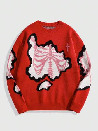 Street Life Jersey de manga larga casual de cuello redondo con detalles gráficos para hombres