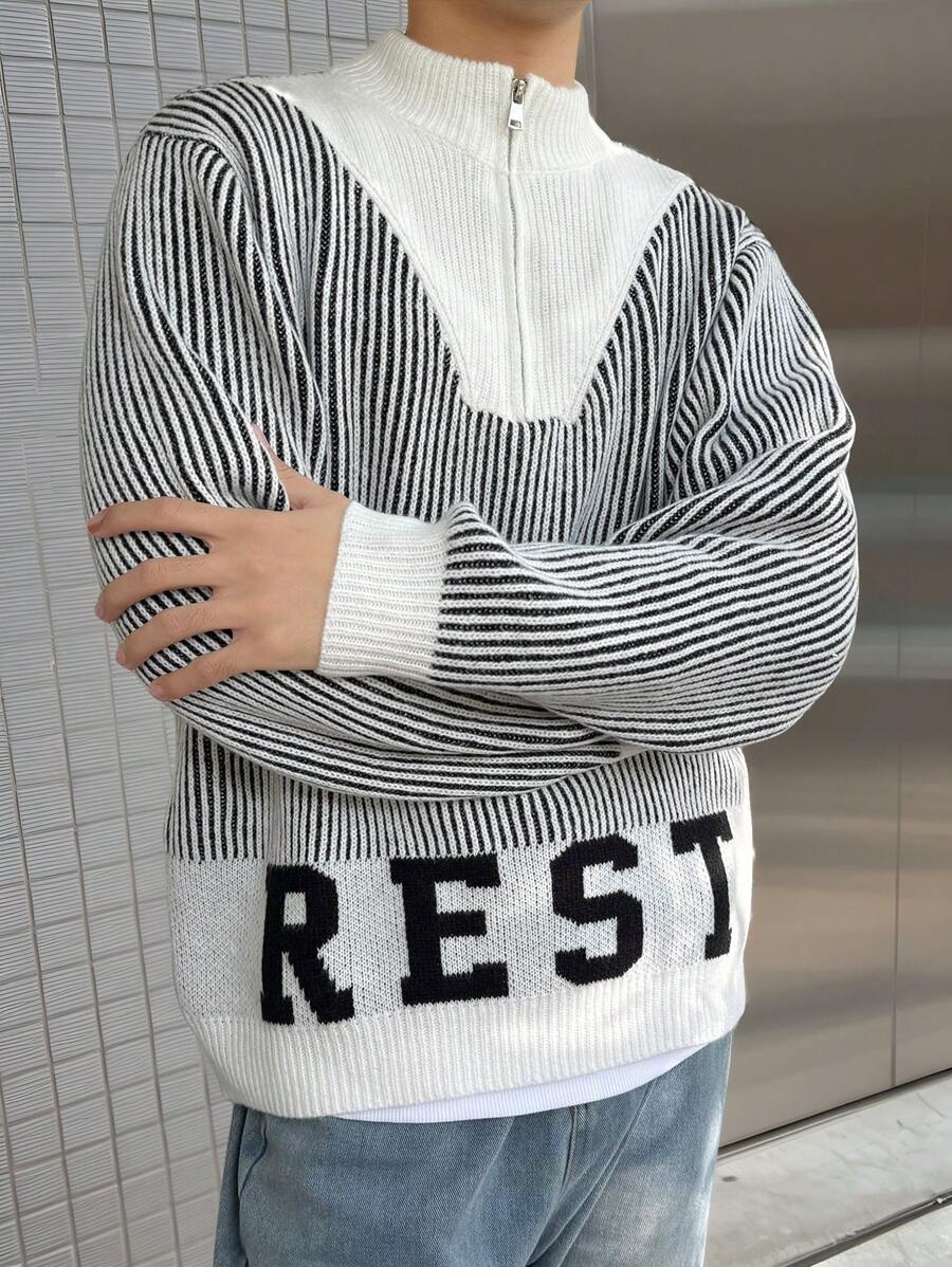 Manfinity Hypemode Men's Front Zip Closure Long Sleeve Solid Color Patchwork Letter Design Detail Casual Rib Knit Sweater