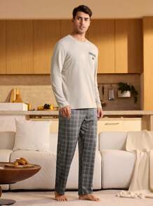 SHEIN Men's Plaid Long Sleeve Shirt & Pants Pajama Set, Fall Winter Clothes - Apricot - View 6