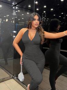SHEIN SXY Sylwester Zima Wiosna Walentynki Święta Impreza Bankiet Ślub Kobiety Jednolity kolor Marszczony Głęboki V Seksowny Halter Catsuit