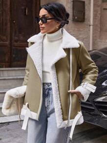 SHEIN PETITE Casual Contrast Color Lapel Thermal Lined Jacket, Autumn/Winter