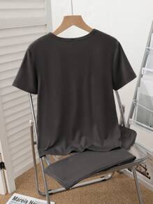 2pcs Boys Casual Outfit - Gray Collar Pocket Top With Contrast Trim & Matching Milk Silk Fabric Pants, Spring/Autumn - Dark Grey - View 2