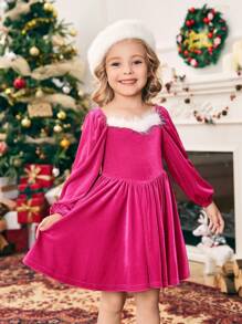 SHEIN Young Girl Pink Color Block Knitted Puff Sleeve Casual Dress For Christmas - Pink - View 4