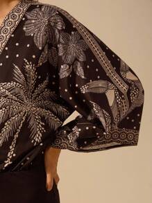 CAJUNI Women's Bohemian Tropical Floral, Coconut Tree, Toucan Print Deep V Neck Backless Loose Long Sleeve Bodysuit, Casual Vacation Summer Beach Bodysuit - Black and White - View 5