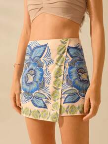 CAJUNI Damen Boho tropische Pflanzen Floral bunter Muster Shorts, lässige Sommer Strandshorts